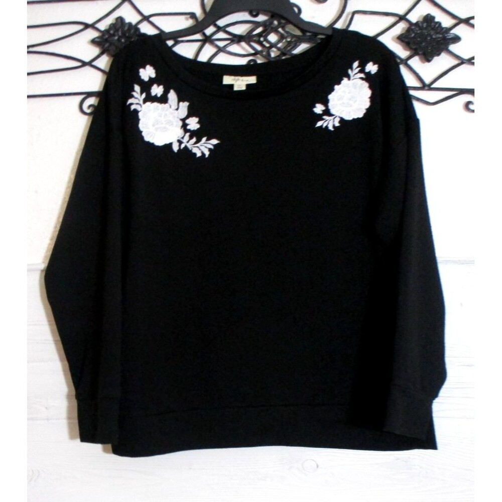 Style & Co Women's Knit Top Size PXL Black Foral Long Sleeve Round Neck
